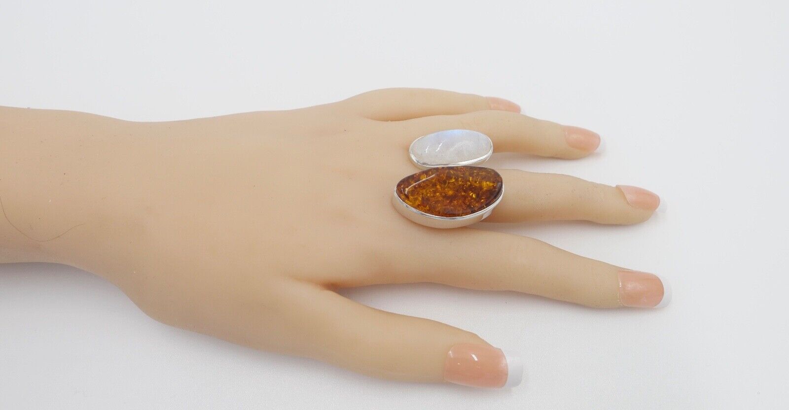 80er Jahre Designer Ring Bernstein & Mondstein Silber 925 Größe 60 verstellbar - Antikhandel-Stuttgart