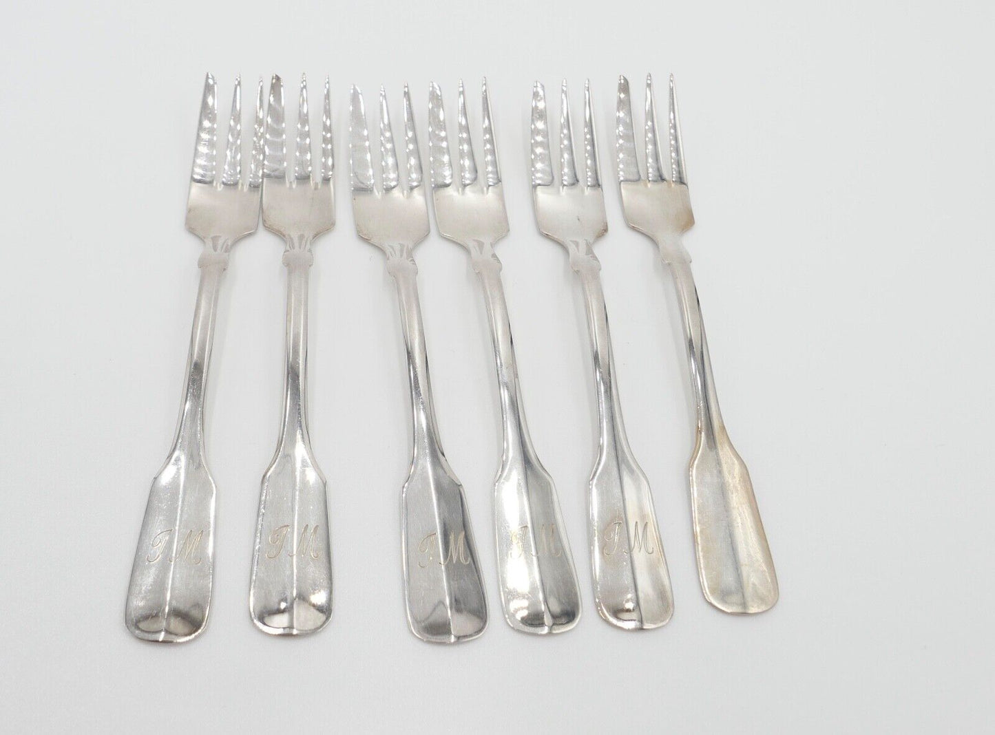 800 Silber Besteck 6 tlg. Kuchengabel Gebrüder Reiner Spatenmuster Monogramm JM - Antikhandel-Stuttgart