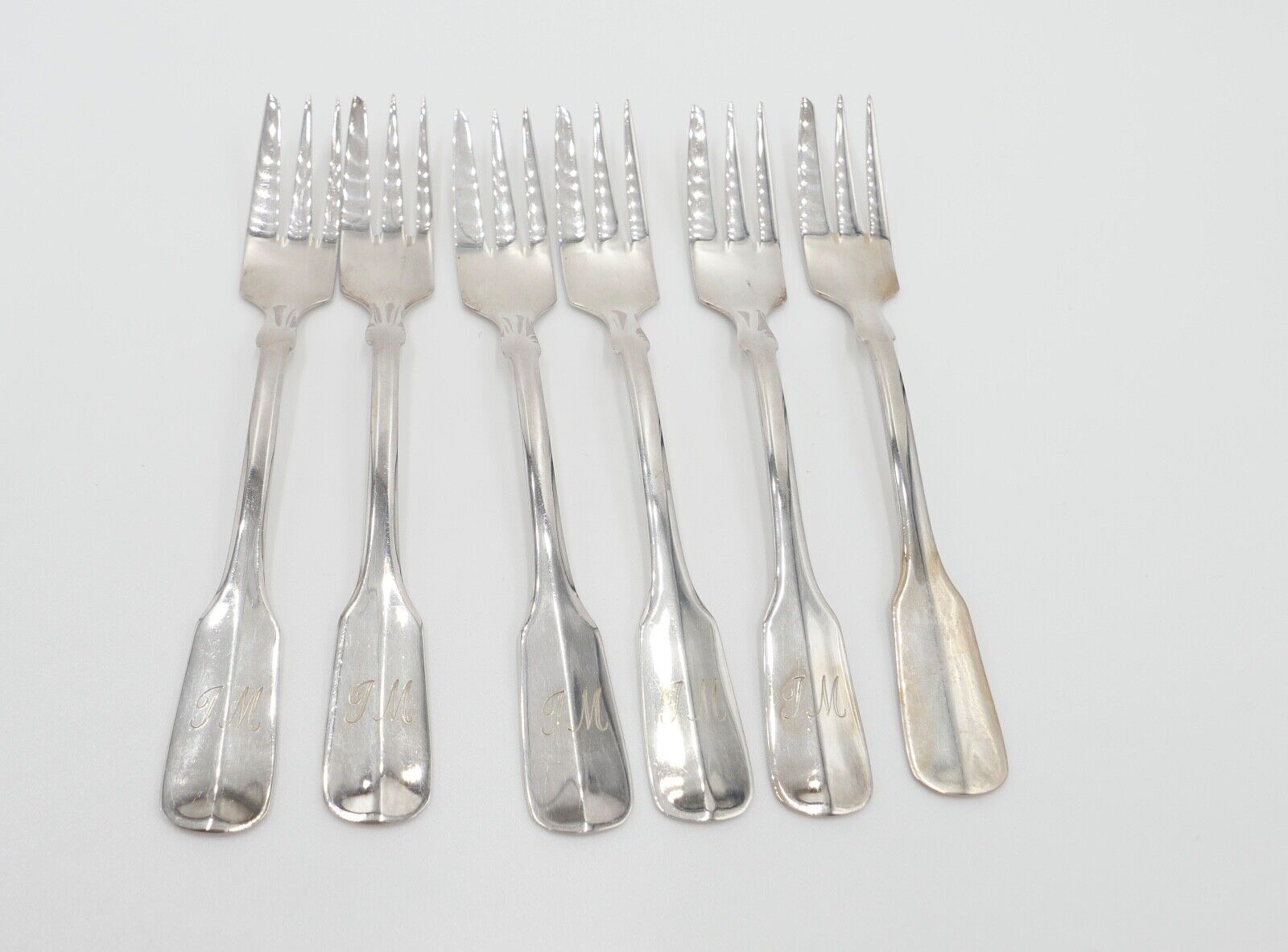 800 Silber Besteck 6 tlg. Kuchengabel Gebrüder Reiner Spatenmuster Monogramm JM - Antikhandel-Stuttgart