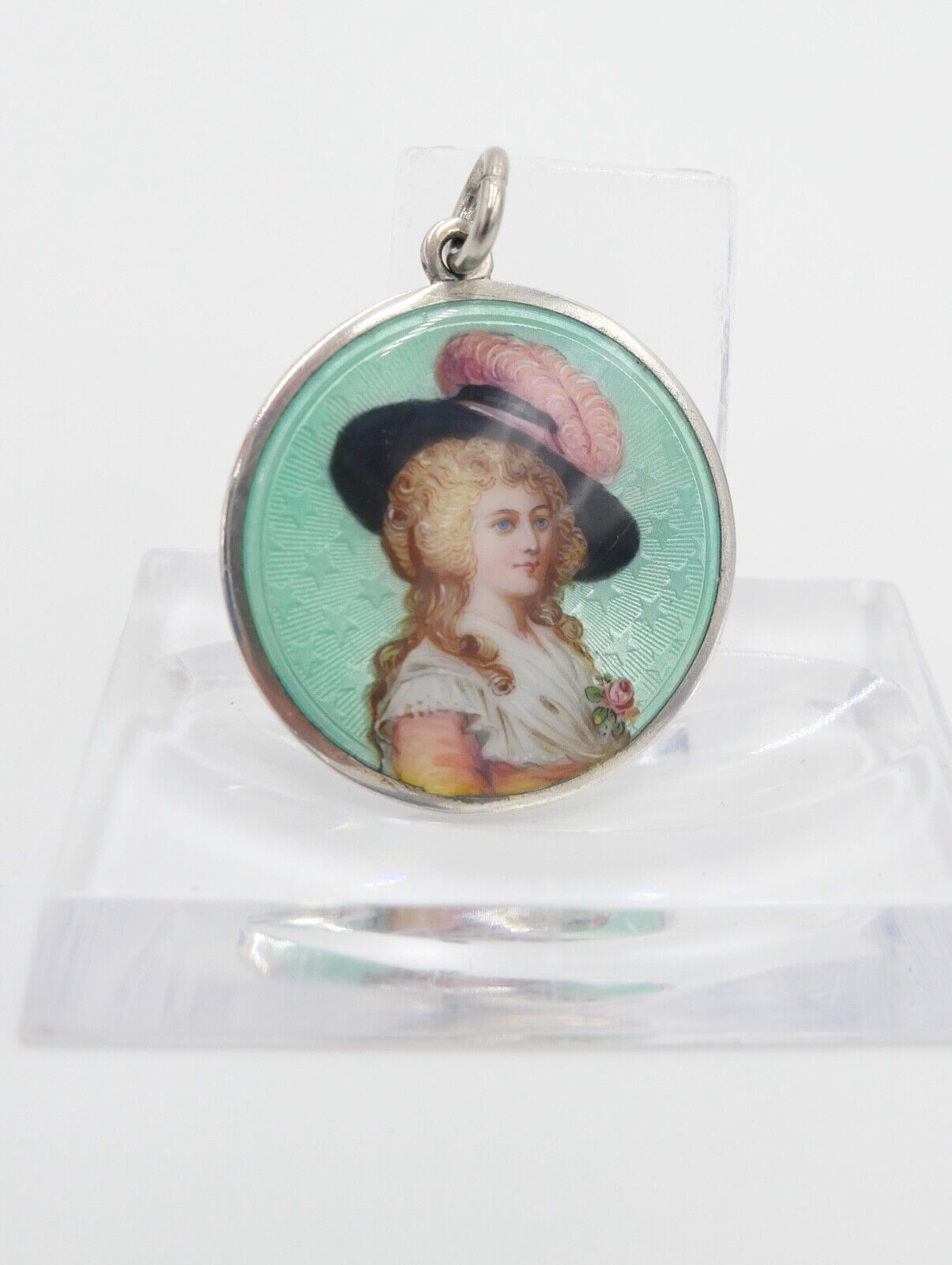 60er Jahre Silber Anhänger SM Ø29mm Emaille Barockfrau mit Hut Miniatur Portrait - Antikhandel-Stuttgart