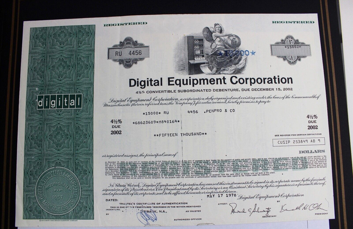 Digital Equipment Corporation 1978 alte USA Aktie Stock Certificate 15000 Dollar - Antikhandel-Stuttgart