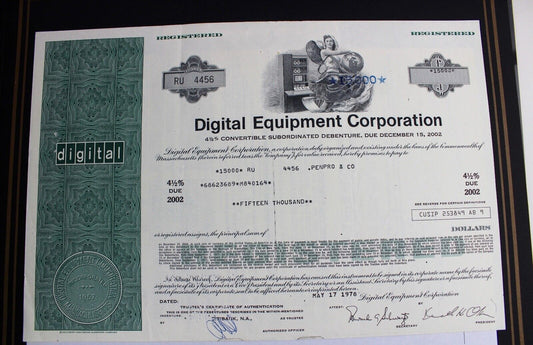 Digital Equipment Corporation 1978 alte USA Aktie Stock Certificate 15000 Dollar - Antikhandel-Stuttgart