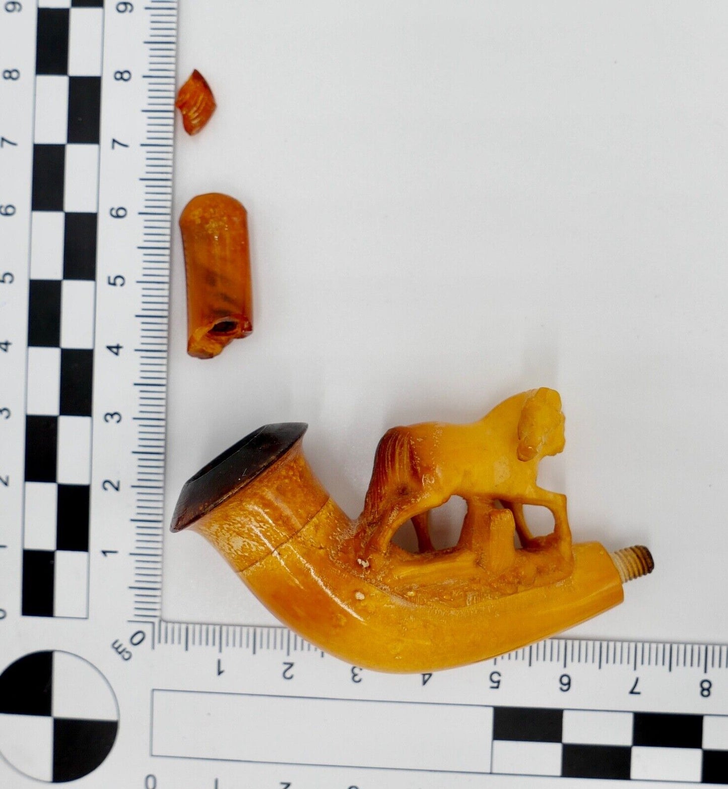 Alte Antike Meerschaumpfeife Bernstein Pipa Etui Pfeife Motiv PFERD - Antikhandel-Stuttgart