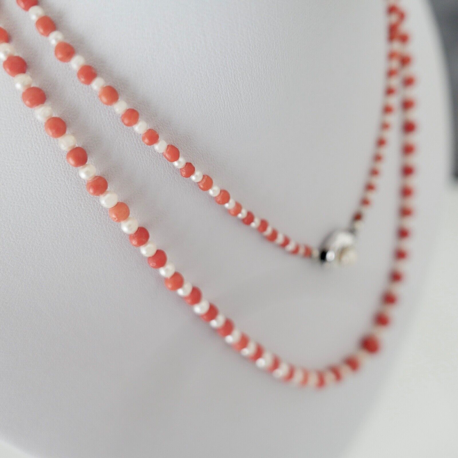 Seltene Korallen / Perlen Mix Kette coral pearl necklace 835 Ø 7,6mm Kugel 83cm - Antikhandel-Stuttgart