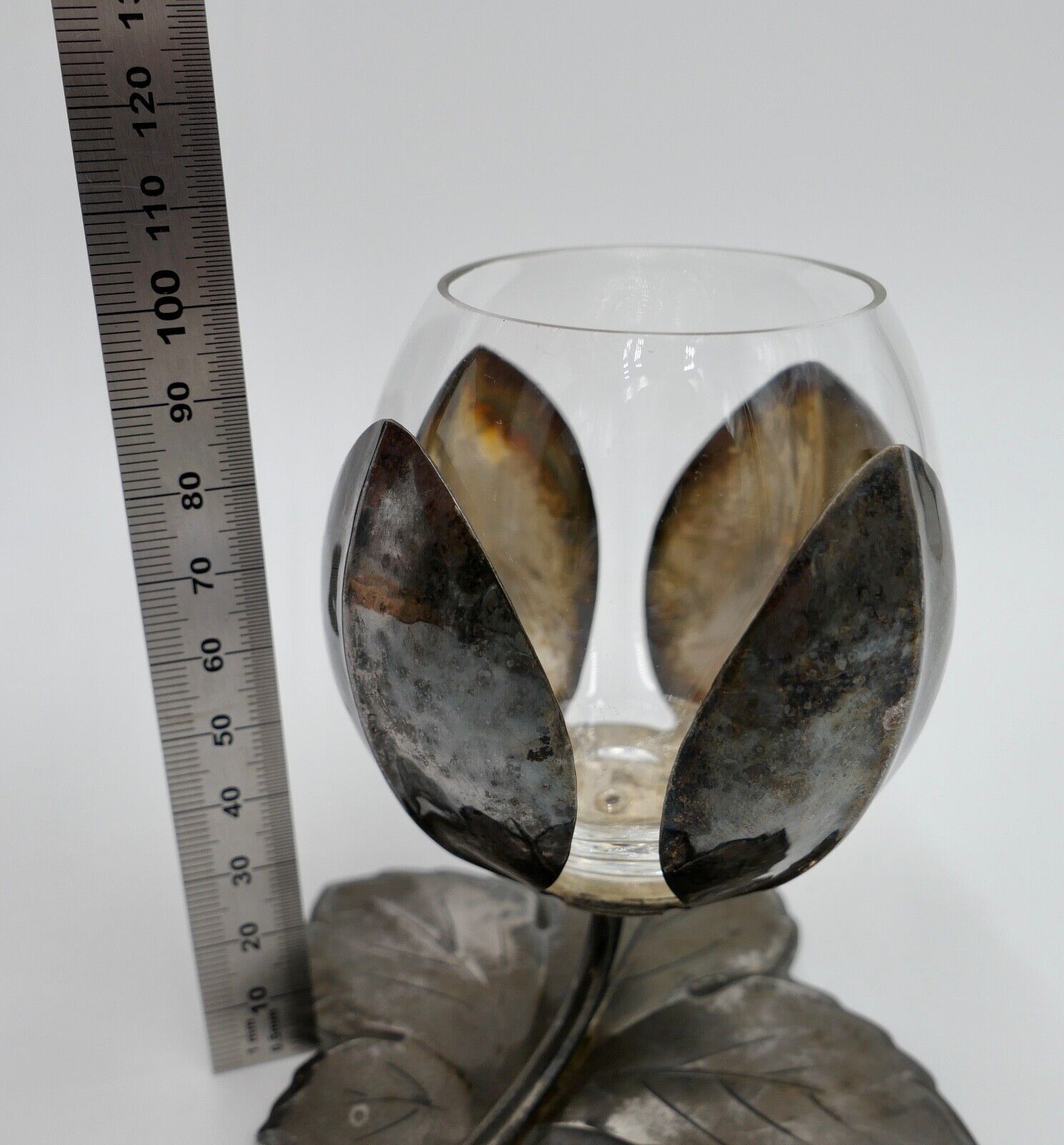 Becher Weinglas mit Glaseinsatz QUIST ESSLINGEN versilbert Weinblatt Dekor - Antikhandel-Stuttgart