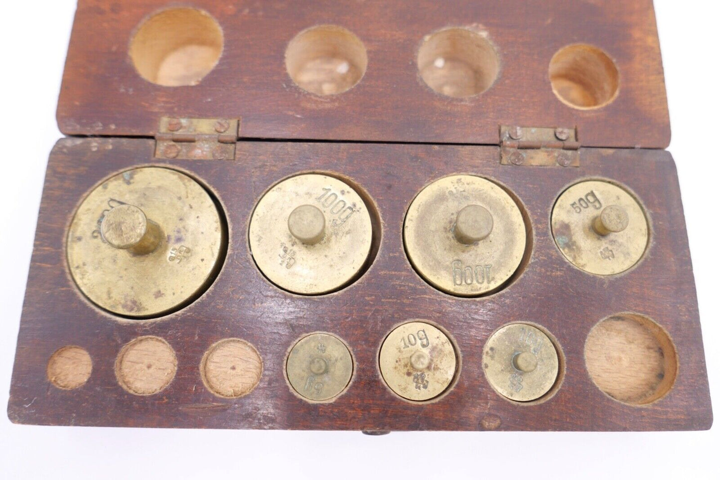 alt alter Messing Gewichtssatz Holzkasten Apothekergewichte Eichstempel 5-200 g - Antikhandel-Stuttgart
