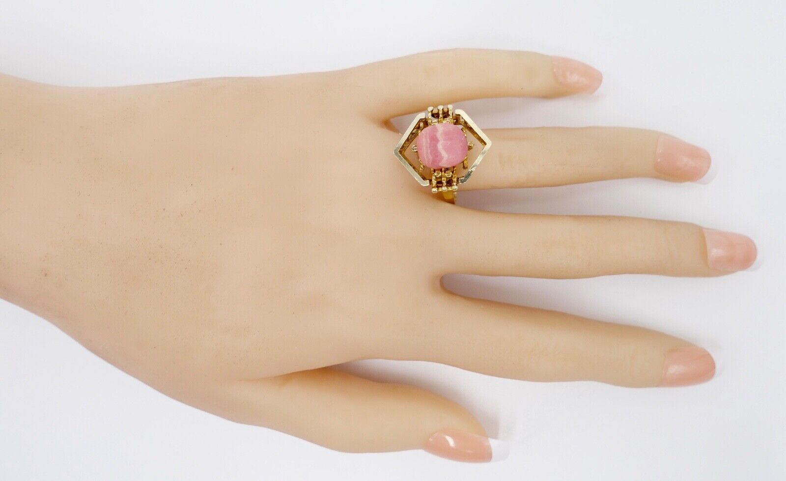 1980er Gold Ring 585 14K mit Rosa Rhodochrosit Gr. 60 Damenring rautenförmig - Antikhandel-Stuttgart