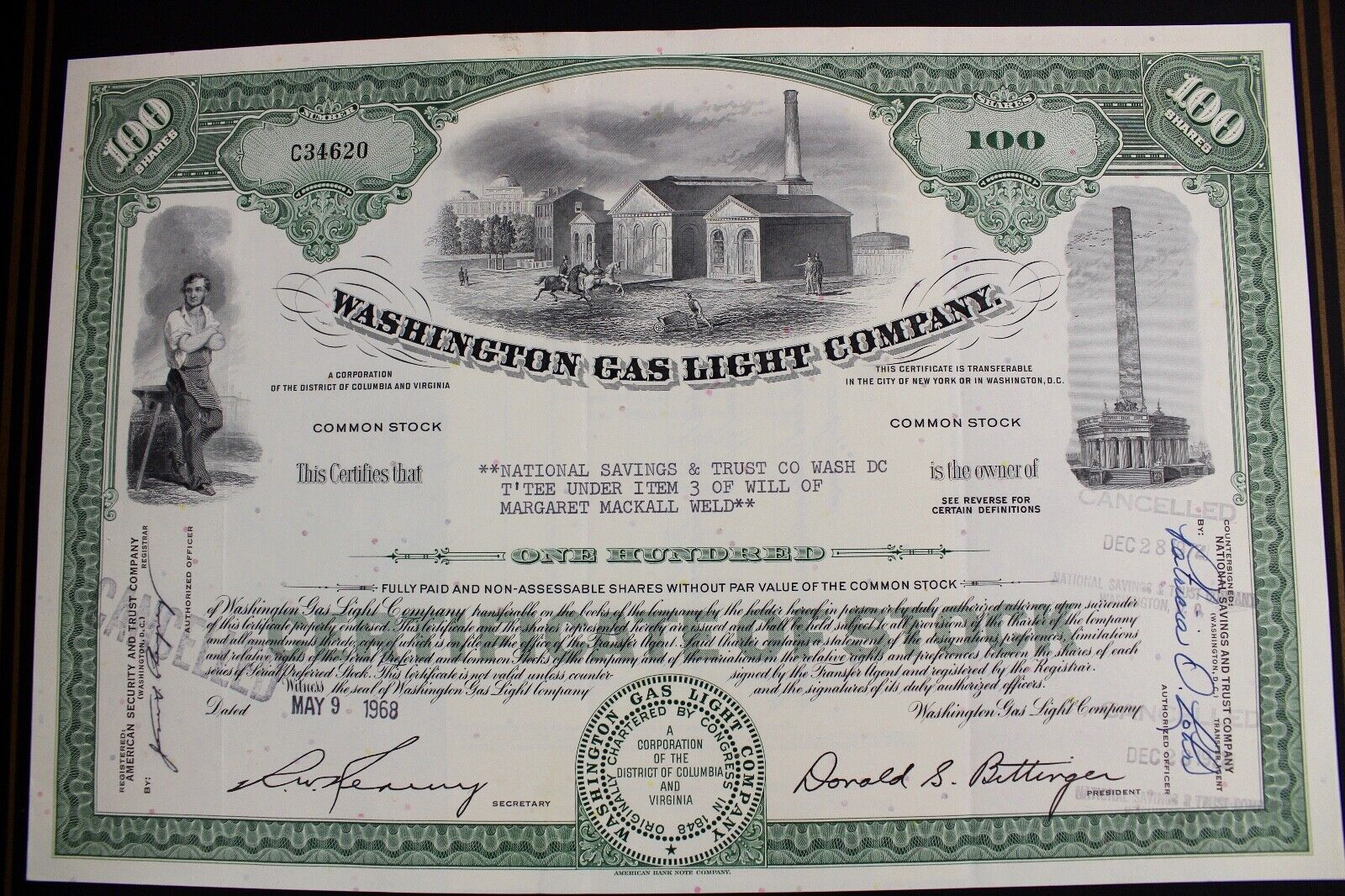 Washington Gas Light Company 1968 alte USA Aktie Stock Certificate 100 Shares - Antikhandel-Stuttgart