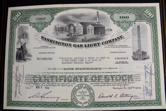 Washington Gas Light Company 1968 alte USA Aktie Stock Certificate 100 Shares - Antikhandel-Stuttgart