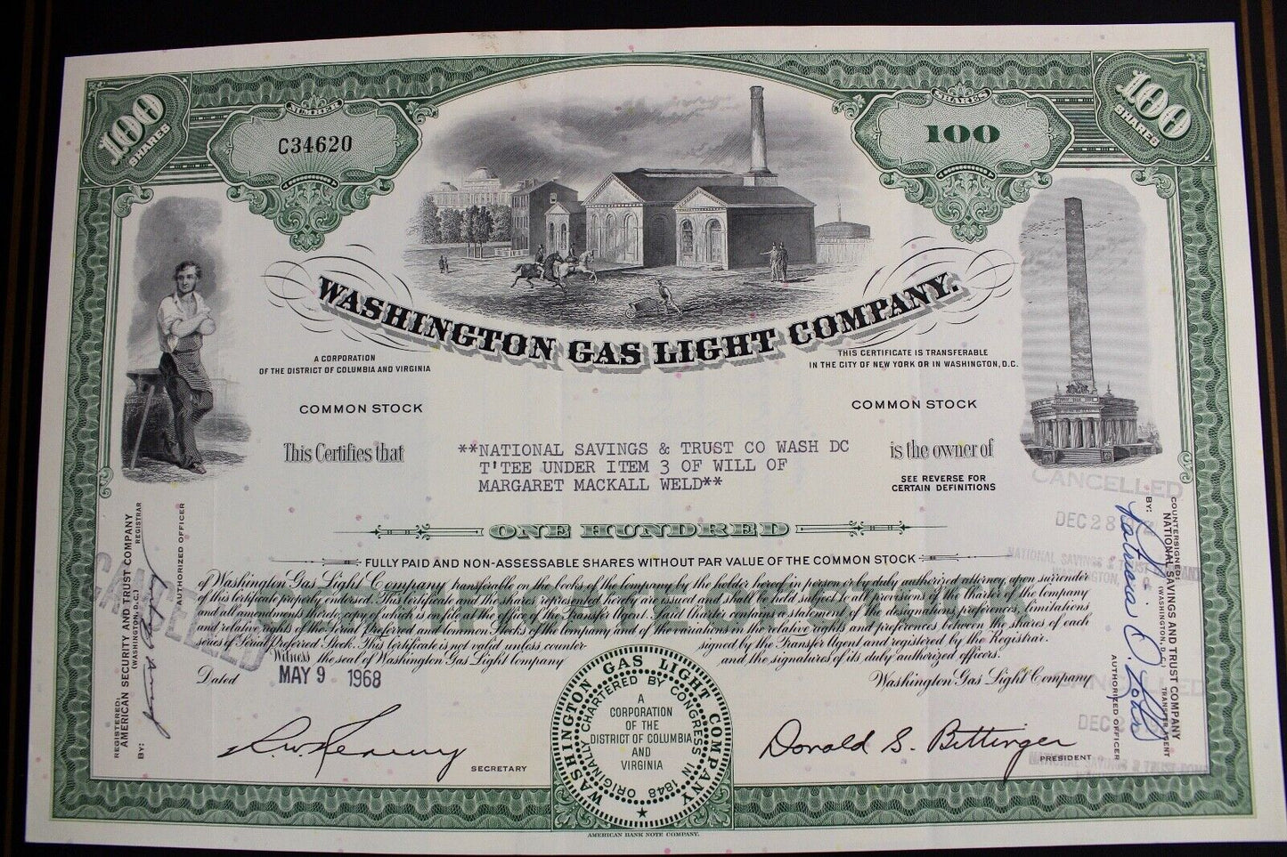 Washington Gas Light Company 1968 alte USA Aktie Stock Certificate 100 Shares - Antikhandel-Stuttgart