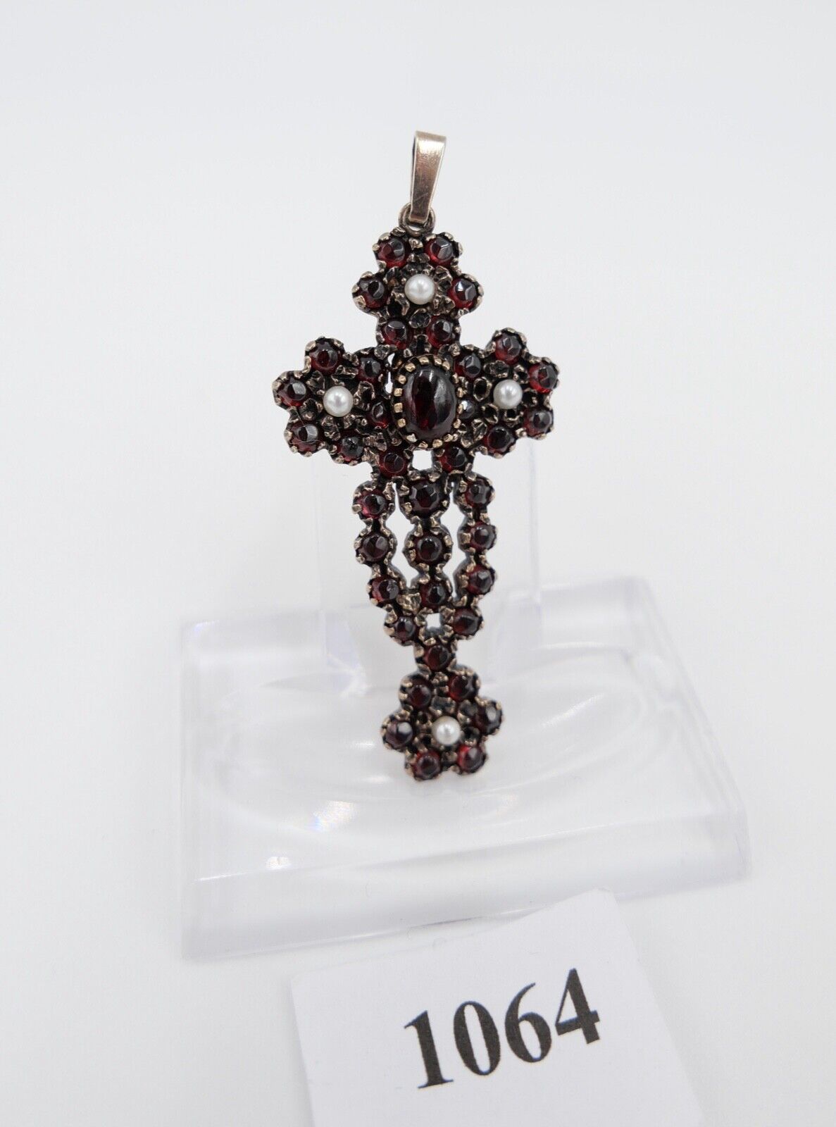 antik großer Granat Kreuz Anhänger um 1860 mit Perlen Silber 925 vergoldet - Antikhandel-Stuttgart
