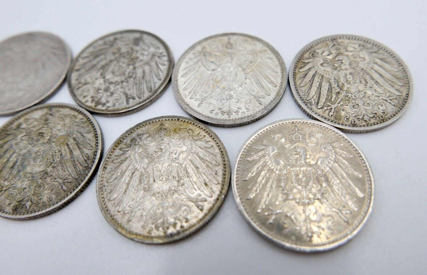 7x 1 Mark 1902 1903 1904 1910 1914 1915 D F G A Silbermünze Jäger J.17 - Antikhandel-Stuttgart