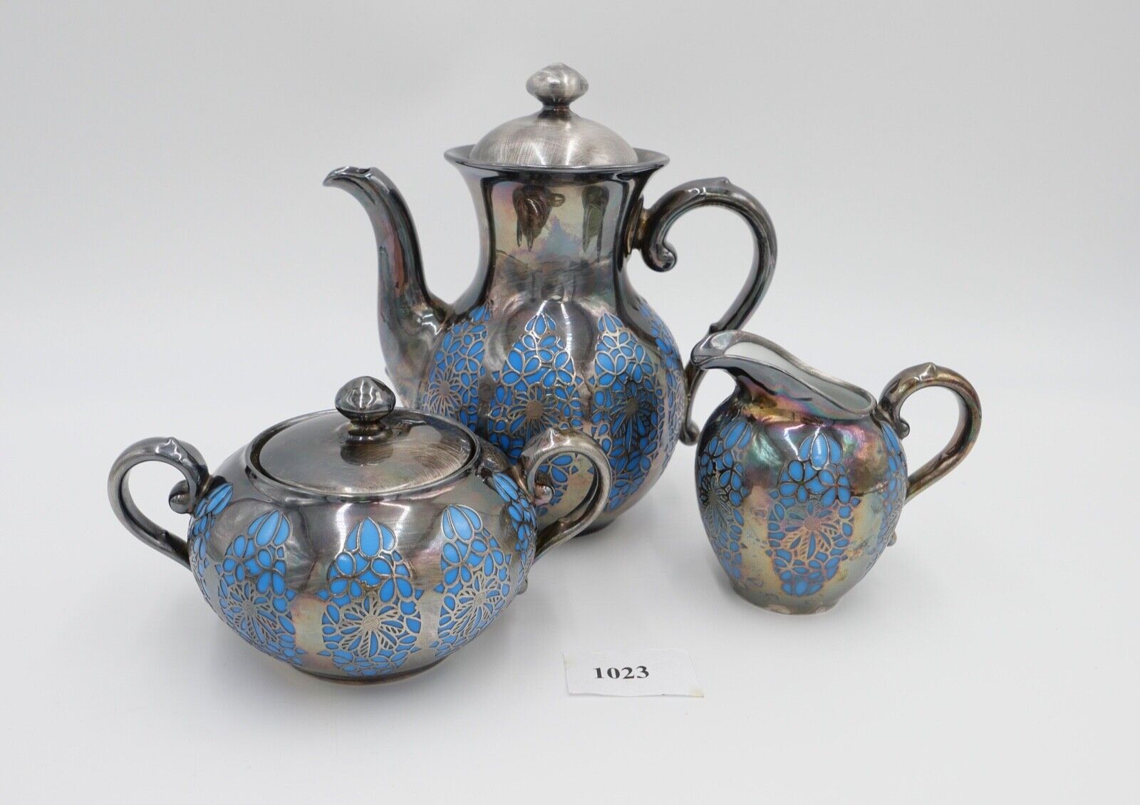 20er 30er Jahre ROSENTHAL Kaffe / Mokka Service versilbert Durchbruchmuster blau - Antikhandel-Stuttgart