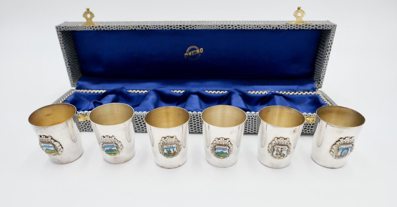 6x WIEN Antiko 100 Schnapsbecher Becher versilbert im Kasten NEUwertig - Antikhandel-Stuttgart