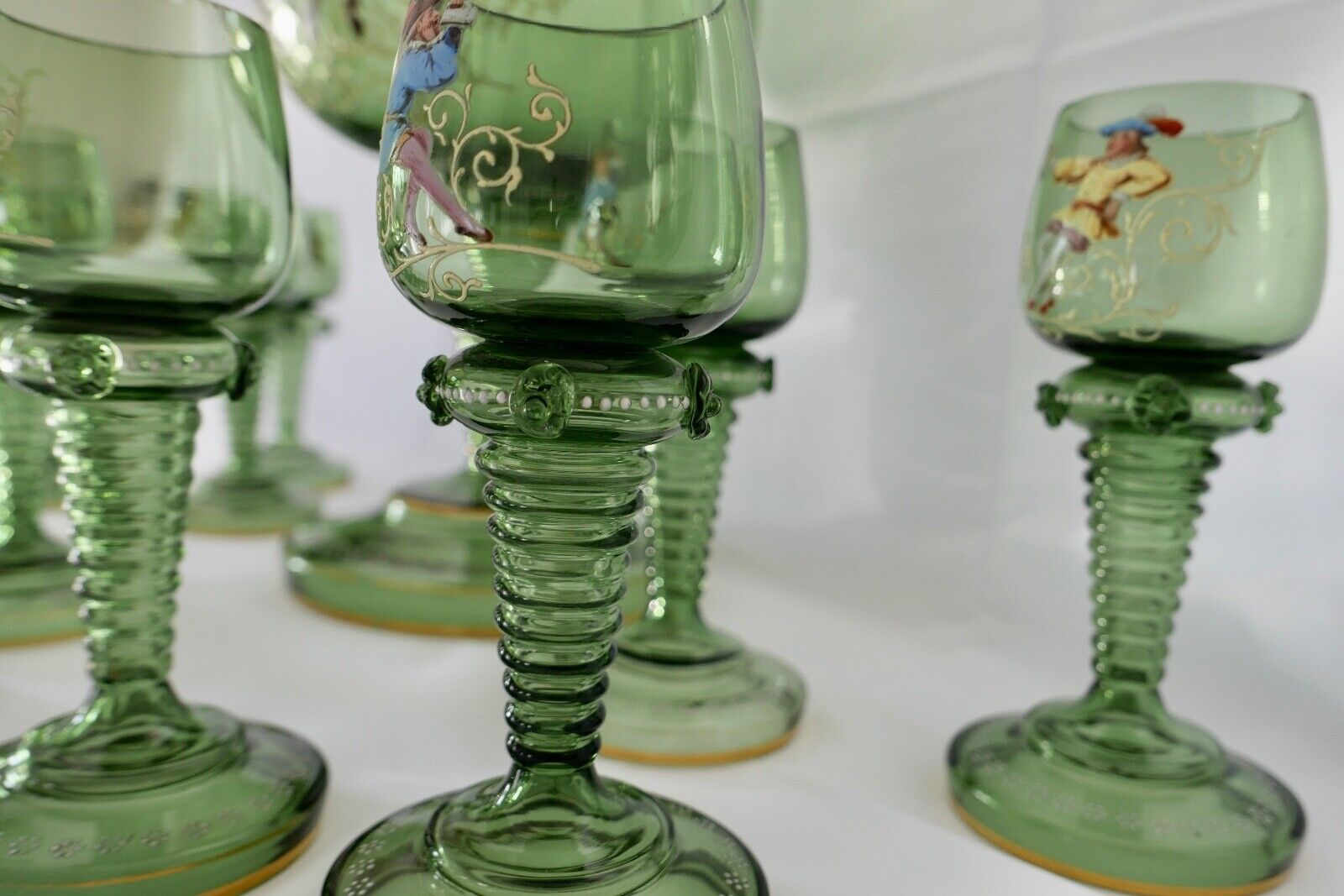 Antike Weinrömer Gläser Pokal XXL Bowle Set grün Emaille RAR Goldrand 53cm 1900 - Antikhandel-Stuttgart