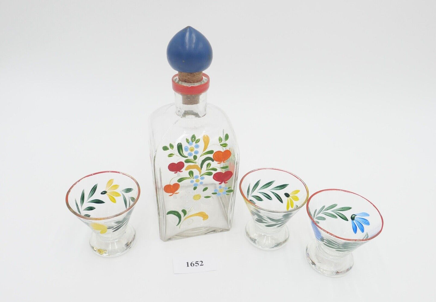 altes Schnaps Likör Set Glas Handbemalt Gläser Karaffe Blumenmuster - Antikhandel-Stuttgart