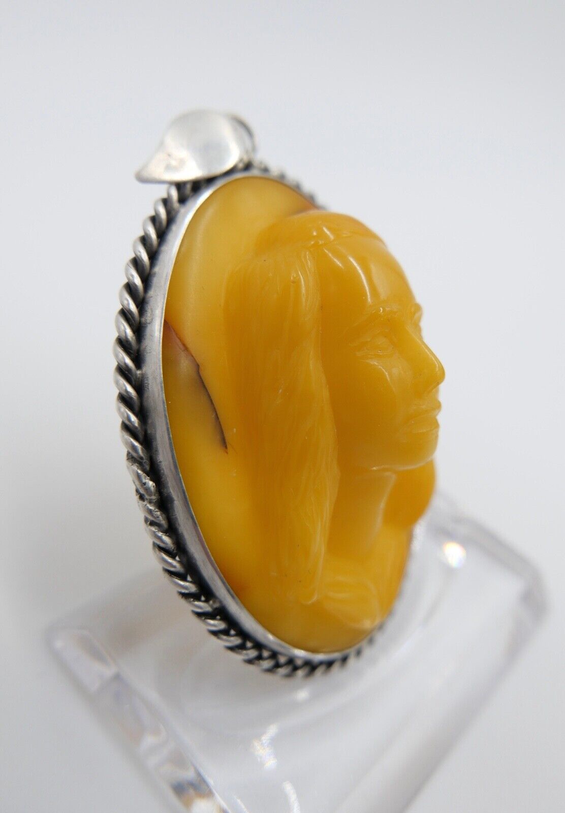 vintage alt Anhänger Silber Bernstein Butterscotch Relief Frauenkopf Amber - Antikhandel-Stuttgart