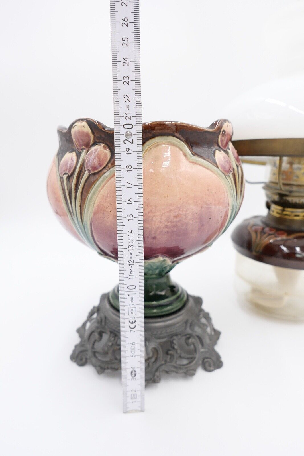 Alte Jugendstil Petroleumlampe um 1910 KARL KNEUSEL Zeulenroda Bronze Majolika - Antikhandel-Stuttgart