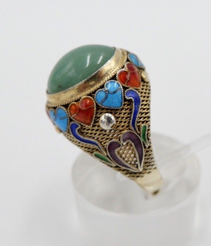 60er Jahre Silber Ring vergoldet Emaille Jade Cabochon Gr. 55 China Silver - Antikhandel-Stuttgart