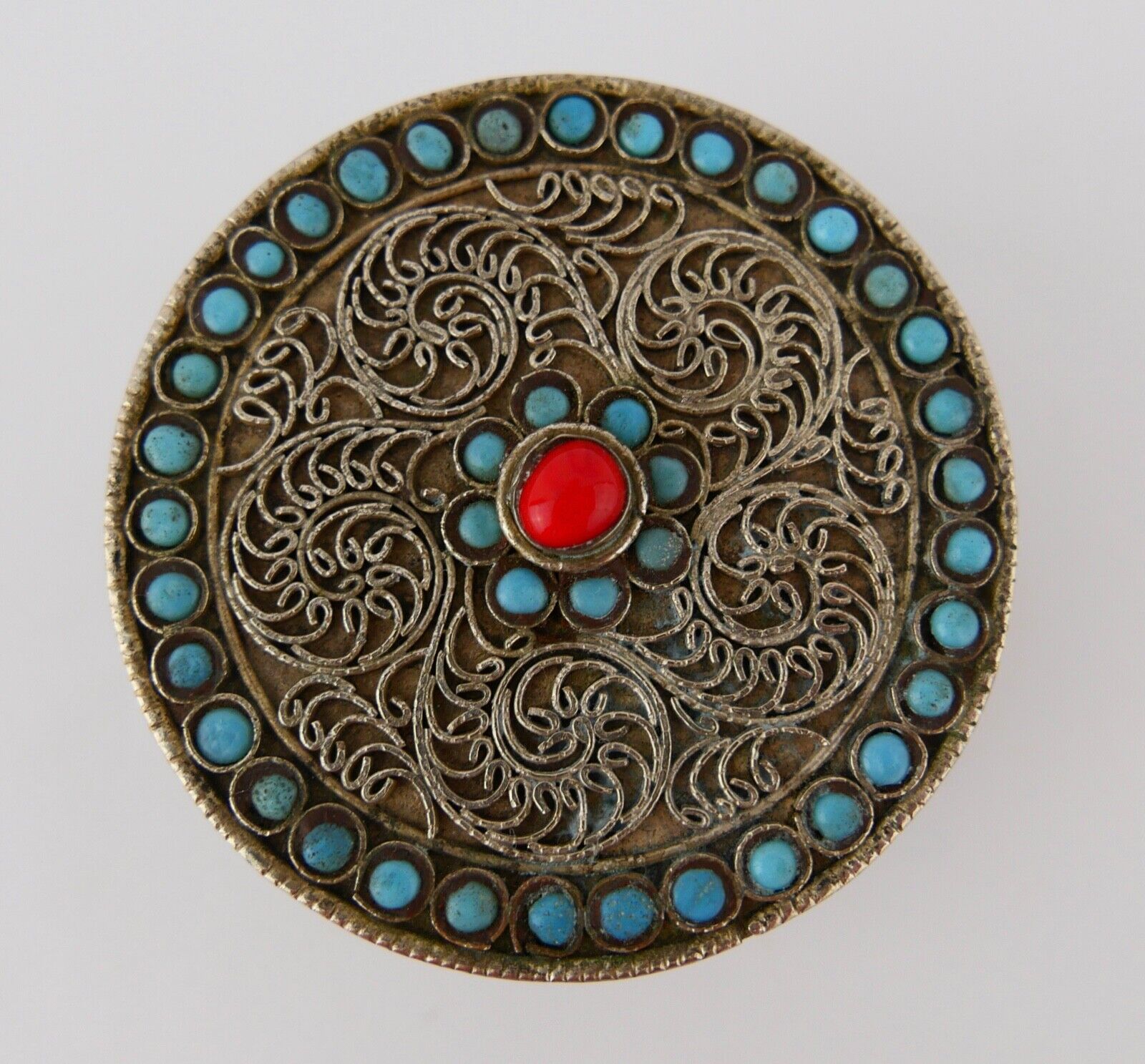 Antike Filigrane Pillendose Dose mit Türkis Ø 50mm Neusilber um 1900 - Antikhandel-Stuttgart