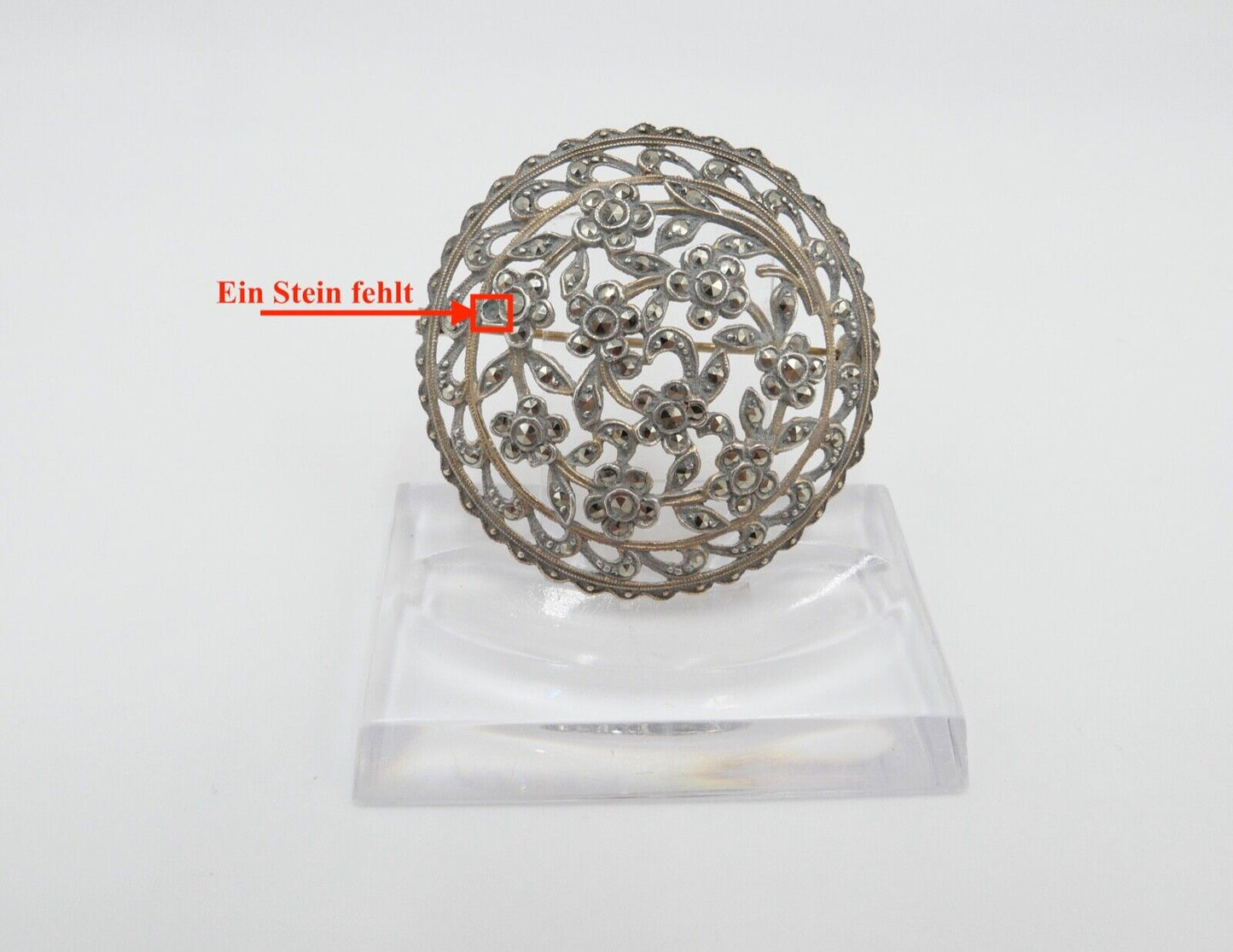 Jugendstil Brosche floral 835 Silber vergoldet mit Markasiten Ø 40 mm - Antikhandel-Stuttgart