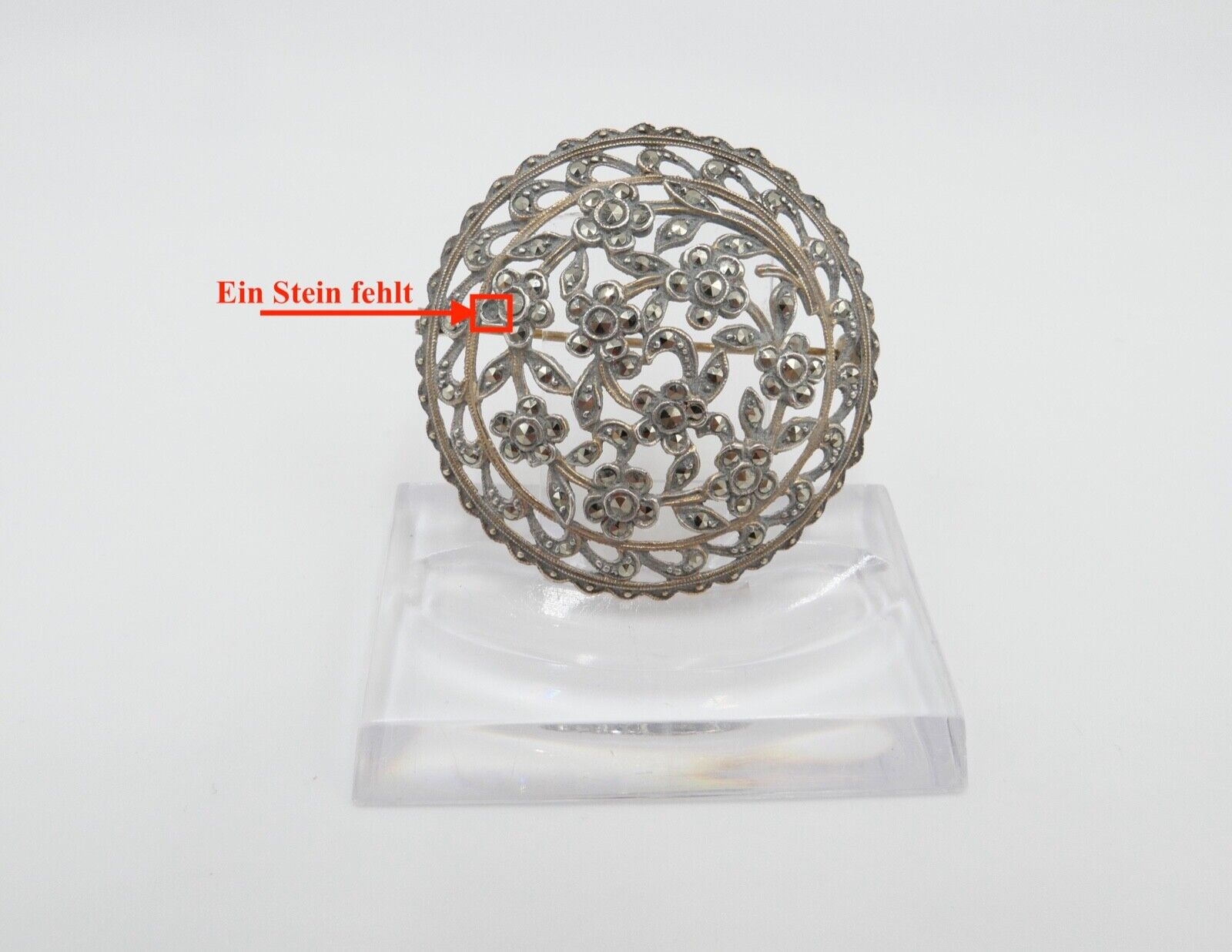 Jugendstil Brosche floral 835 Silber vergoldet mit Markasiten Ø 40 mm - Antikhandel-Stuttgart