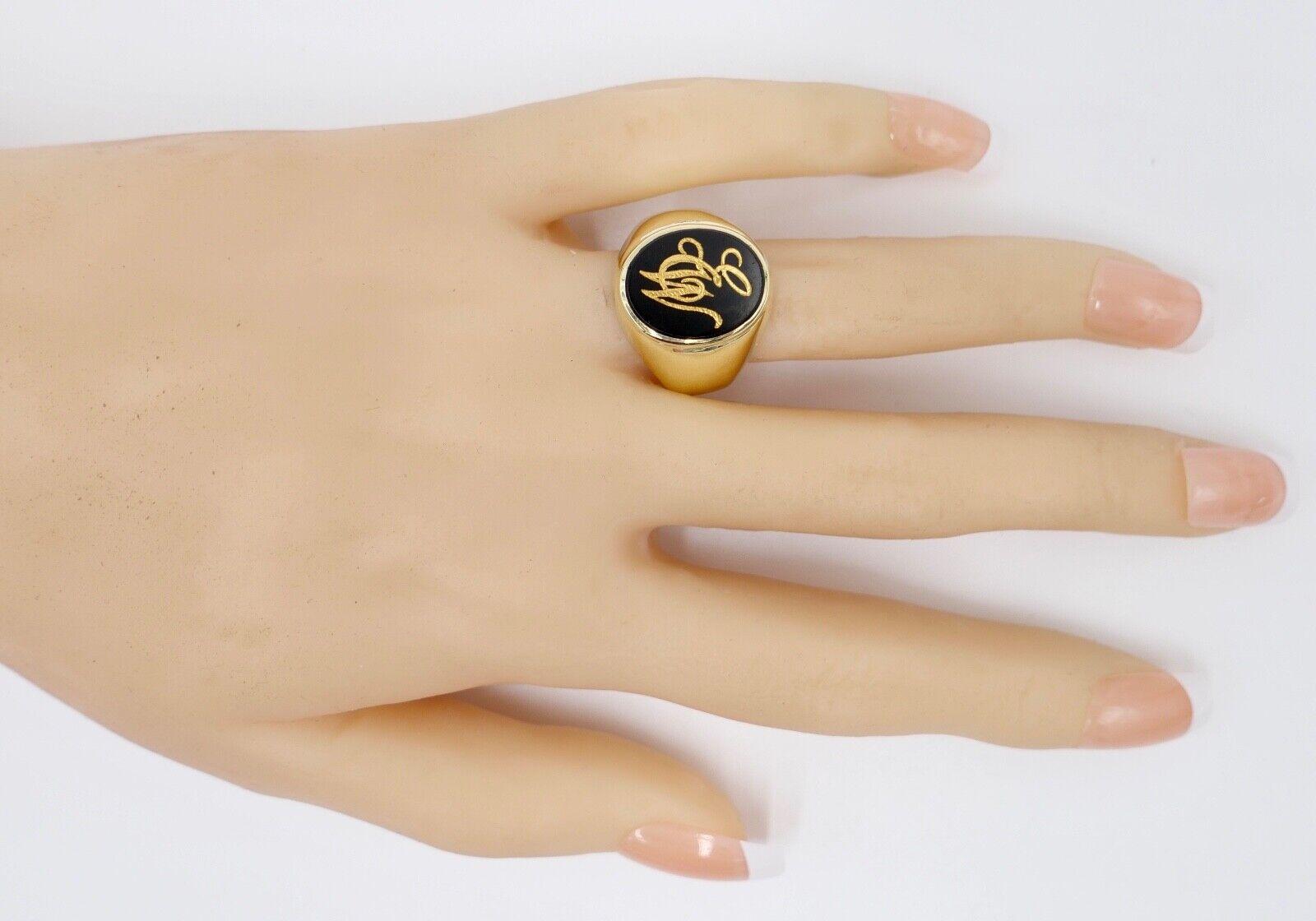 70er Massiver ONYX Herren Damen Siegelring Monogramm Initialen EW 585 14K Gr. 60 - Antikhandel-Stuttgart