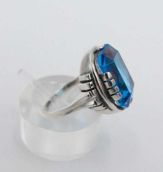 ART DECO Damenring Ring Silber 835 mit großem blauen Glasstein Gr. 56 - Antikhandel-Stuttgart