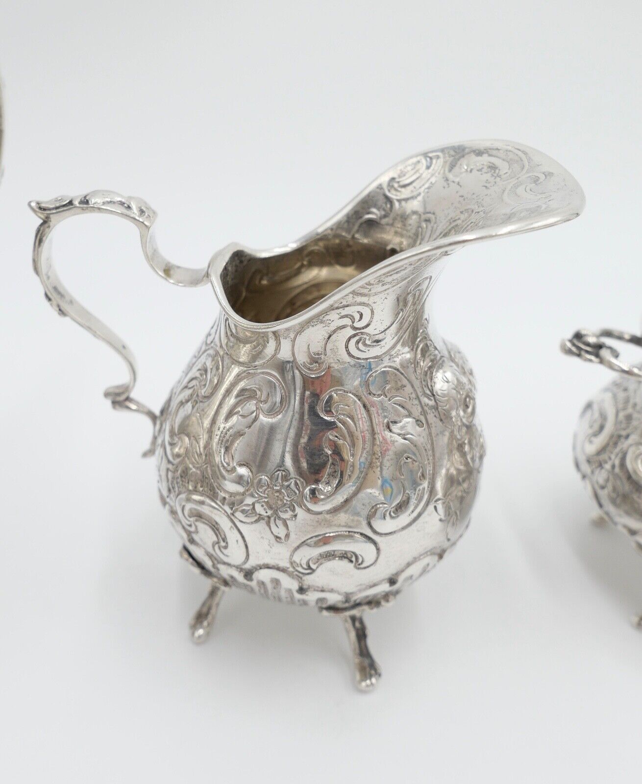 4 teiliges Teeset Set um 1900 Hanau Rokoko 800 Silber 620 Gr Floralverzierung - Antikhandel-Stuttgart