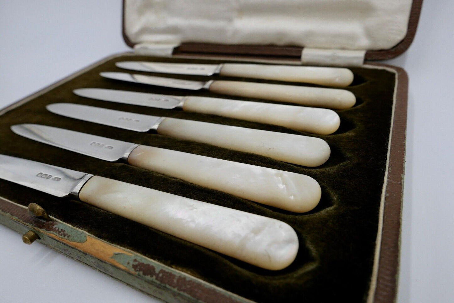 6 Antik Messer 925 Silber C.W.F Charles William Fletcher Sheffield Perlmutt 1924 - Antikhandel-Stuttgart