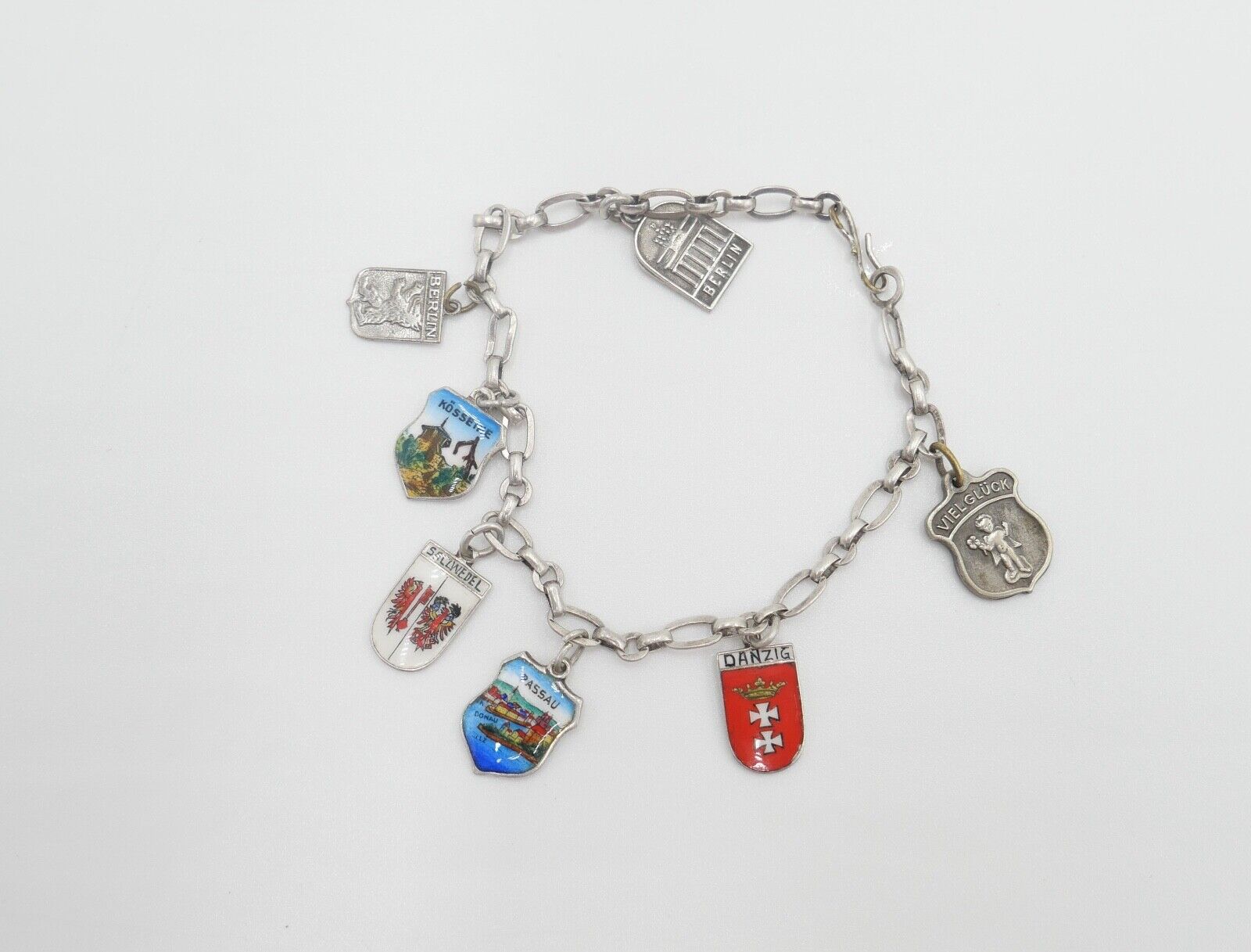 Bettelarmband mit Städte Wappen aus Emaille 800 Silber REU ANTIKO EHJ - Antikhandel-Stuttgart