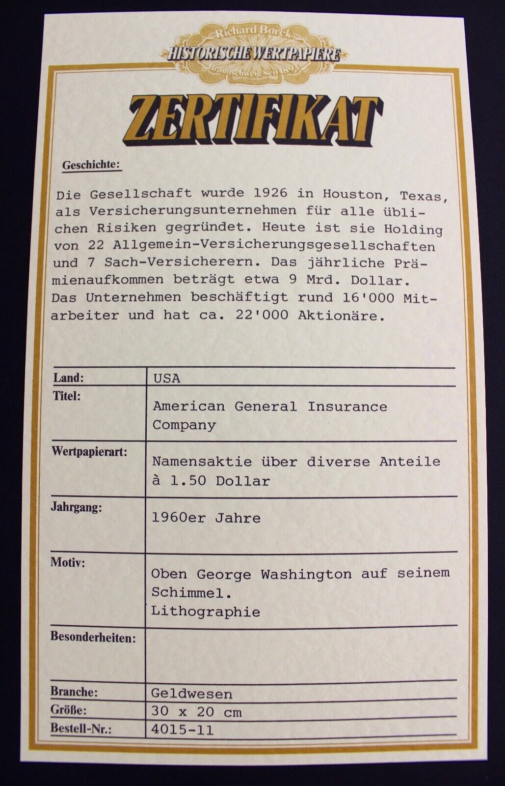 American General insurance Company 1969 alte USA Aktie Stock Certificate 100 - Antikhandel-Stuttgart