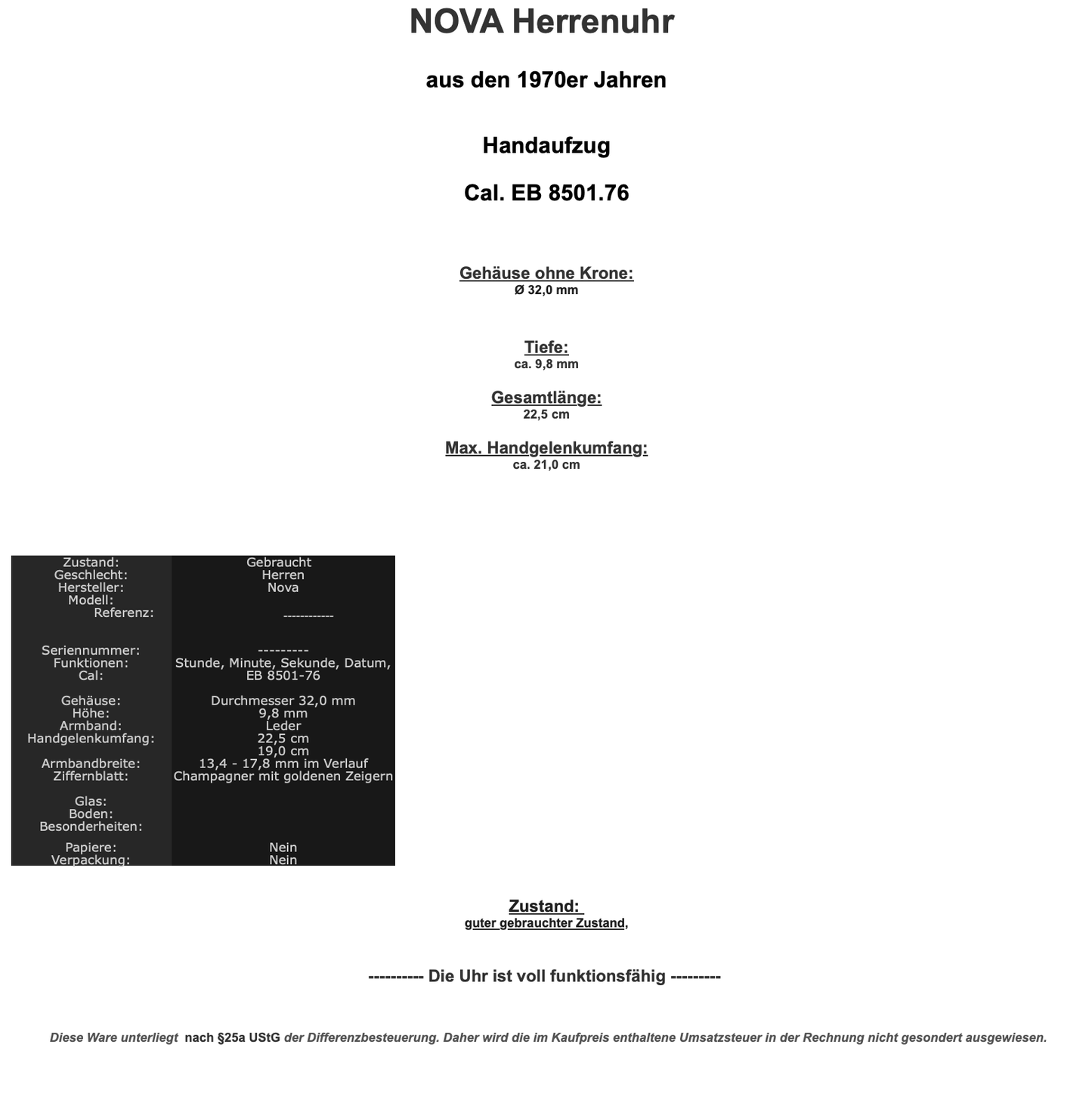 NOVA 1970er Jahre Herrenuhr Handaufzug Cal. EB 8501-76 mit Datum - Antikhandel-Stuttgart