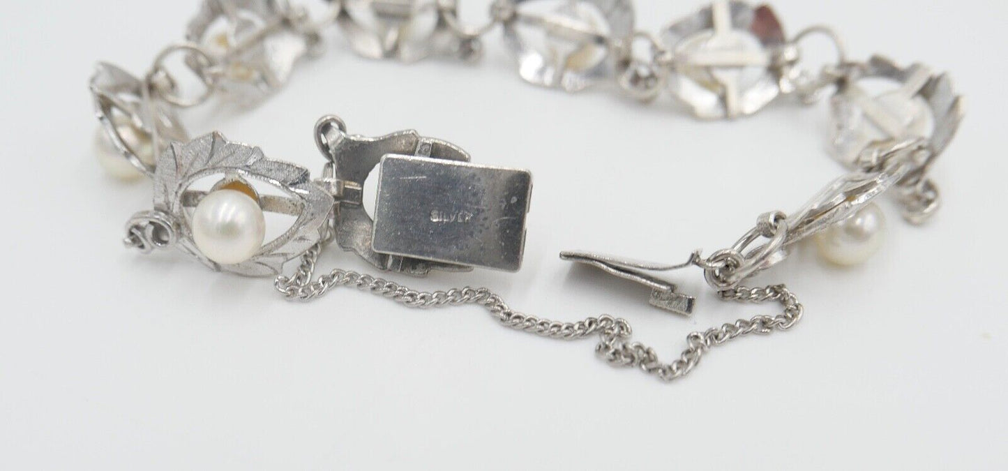 Silber Gliederarmband mit Zuchtperlen floral - Antikhandel-Stuttgart