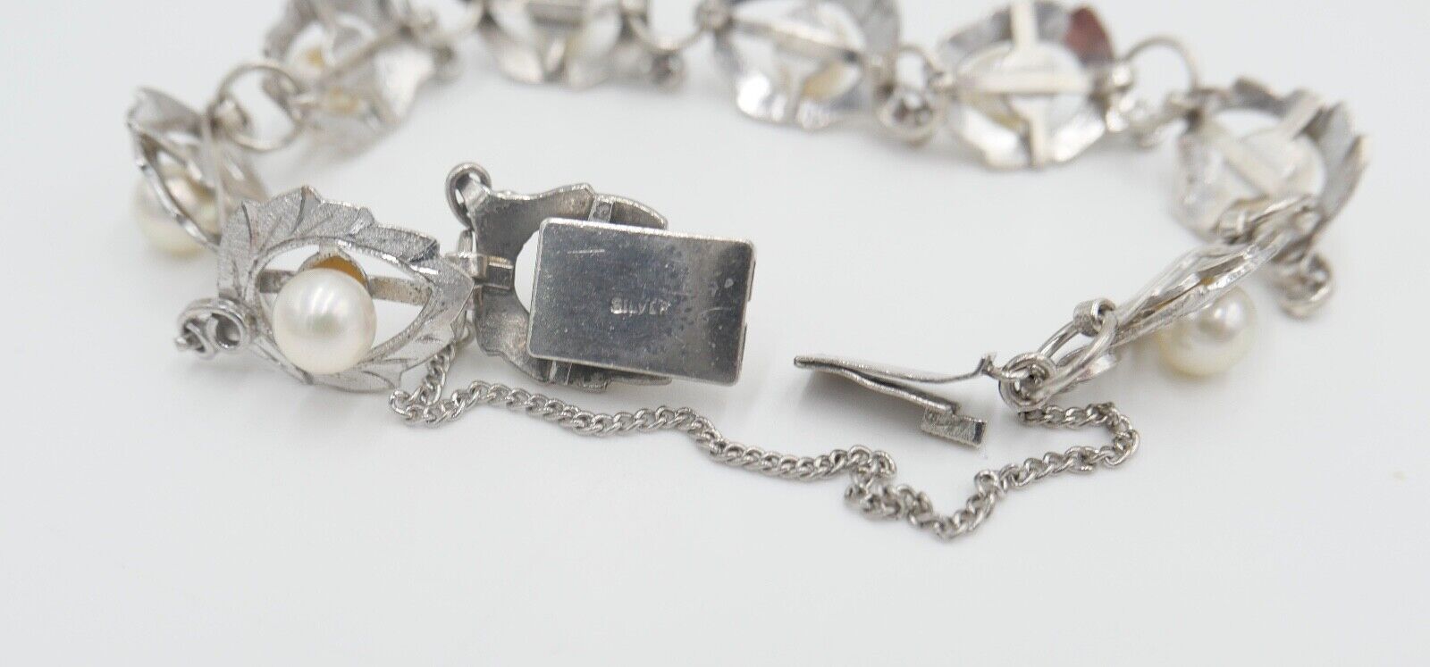 Silber Gliederarmband mit Zuchtperlen floral - Antikhandel-Stuttgart