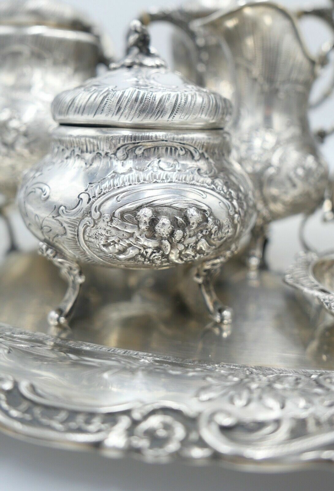 XL Jugendstil Kaffee Tee Service " Friedrich Reusswig Hanau " 800 Silber 6 KG - Antikhandel-Stuttgart