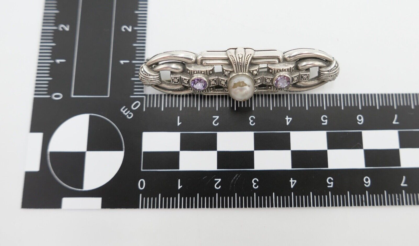 20er 30er Jahre Art Deco Silber 835 Brosche 53 mm mit lila Amethyst und Perle - Antikhandel-Stuttgart