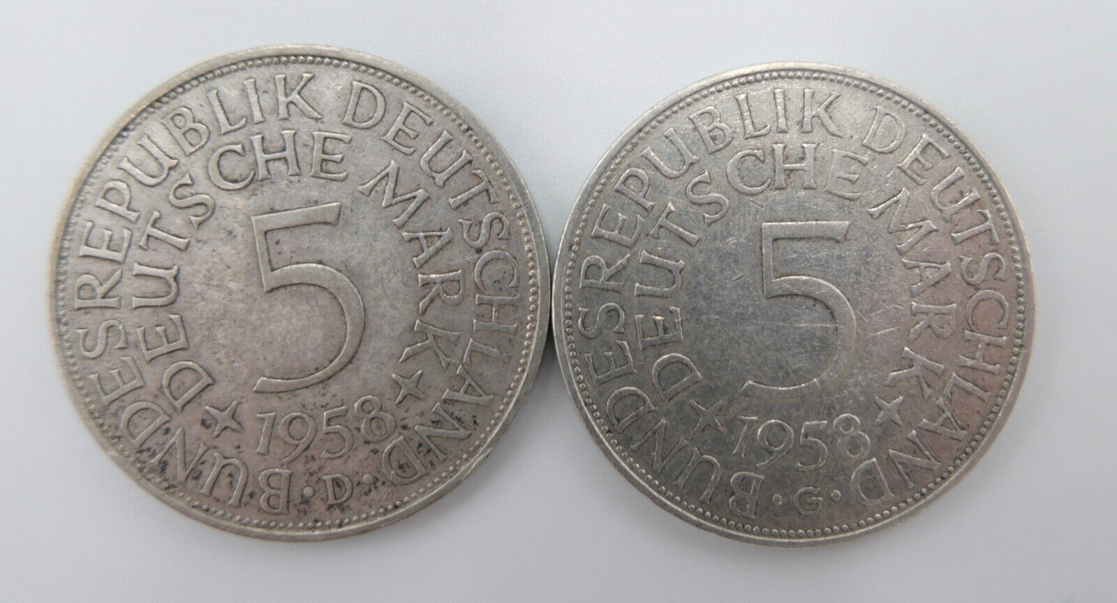 2x 5 DM 1958 D G Silbermünzen Jäger J.387 Silberadler Heiermann - Antikhandel-Stuttgart