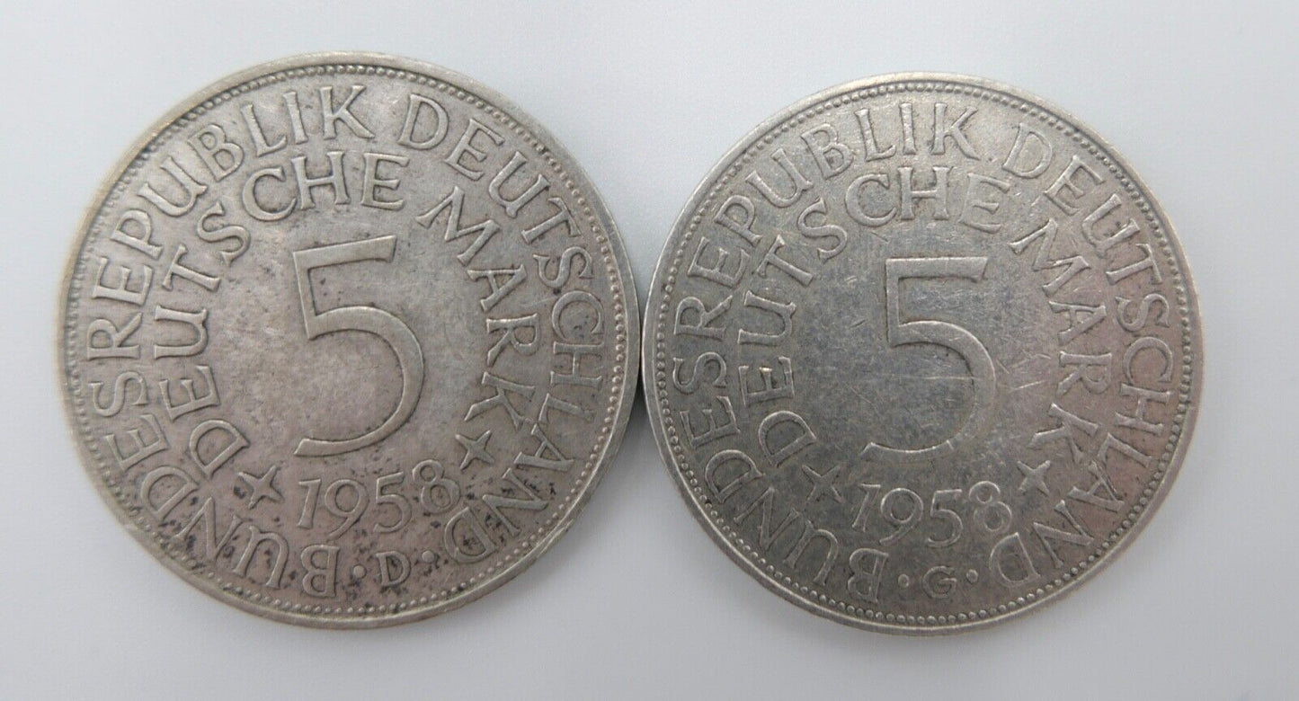 2x 5 DM 1958 D G Silbermünzen Jäger J.387 Silberadler Heiermann - Antikhandel-Stuttgart