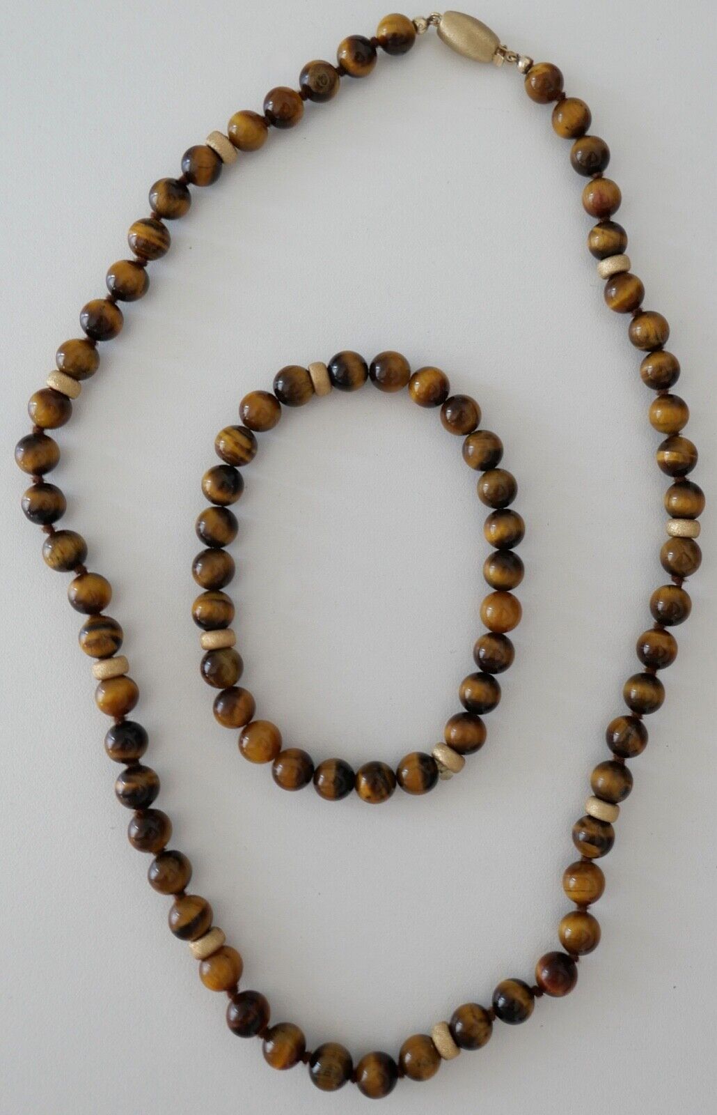 SET Kette Armreif Tiegerauge 51,5 cm Gold JKa 585 14K Perlen necklace Ø 8 mm - Antikhandel-Stuttgart