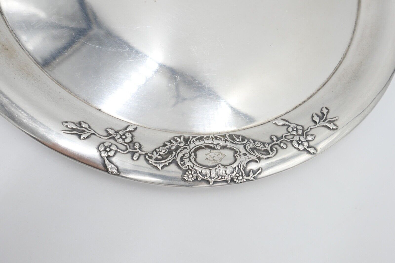 LAZARUS POSEN 800 Silber um 1900 Jugendstil Tablett Servierplatte Ø32cm Monogram - Antikhandel-Stuttgart