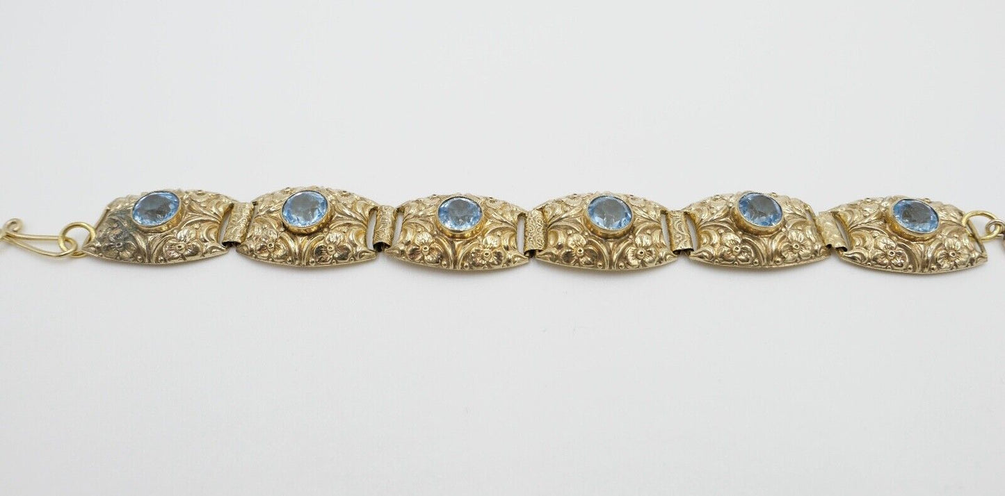 antik um 1900 JUGENDSTIL Armband vergoldet mit blauen Glassteinen floral - Antikhandel-Stuttgart