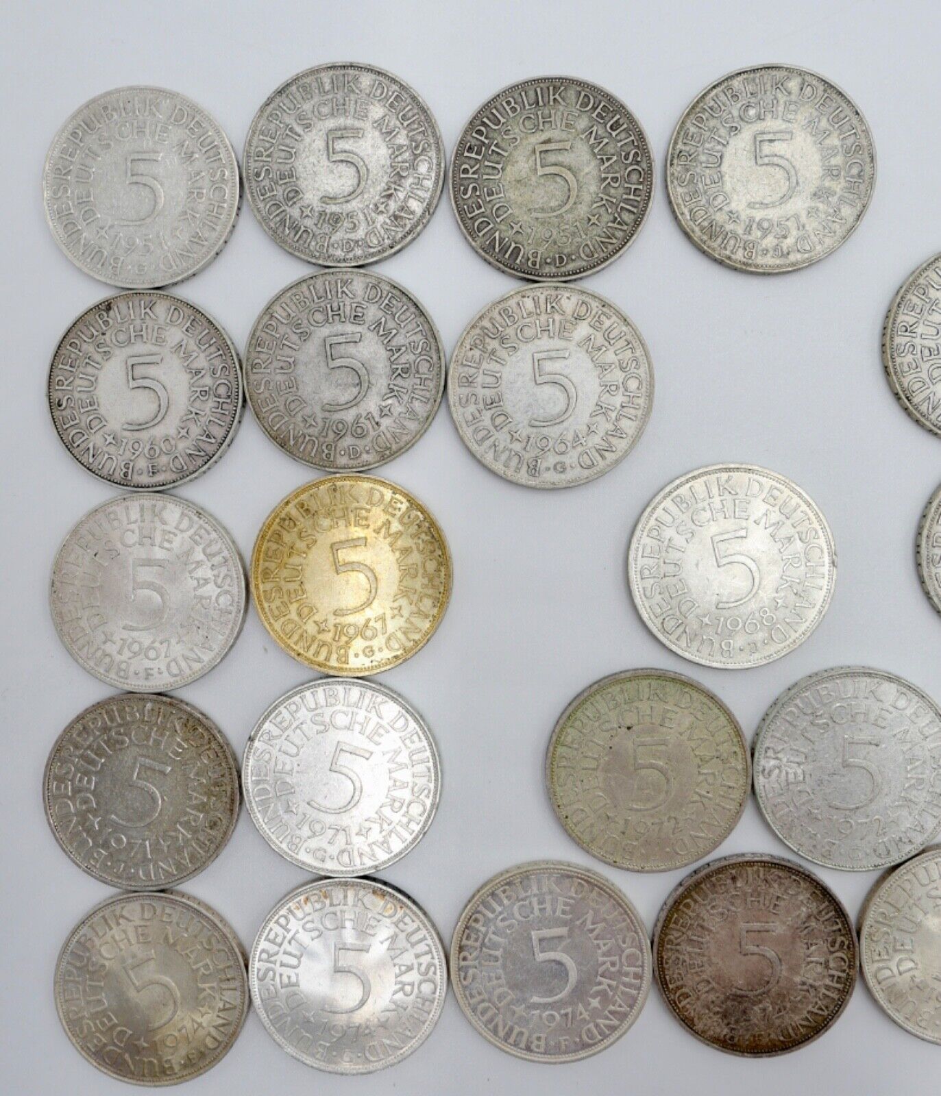1951-1974 Konvolut LOT 34x 5 DM Silbermünzen J.387 Silberadler PP Heiermann - Antikhandel-Stuttgart