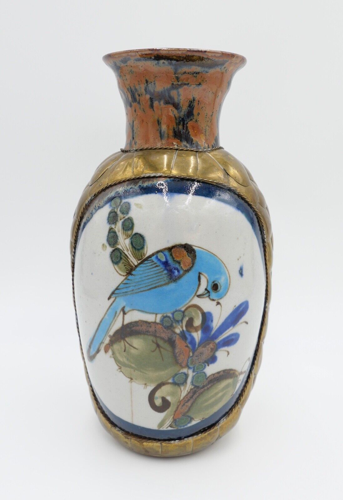 vintage unikat handbemalte Vase Messing Ton Stein Blumen Vögel Taube H: 25,7 cm - Antikhandel-Stuttgart