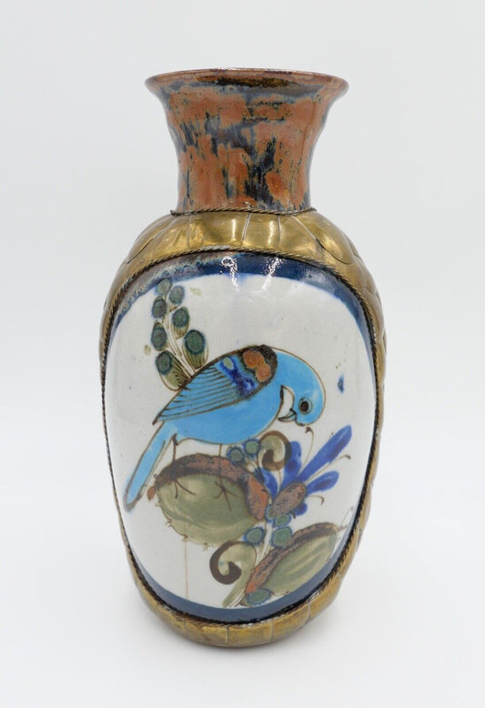 vintage unikat handbemalte Vase Messing Ton Stein Blumen Vögel Taube H: 25,7 cm - Antikhandel-Stuttgart