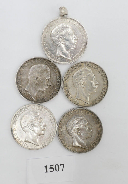 5 Stück 3 Mark 1908 Wilhelm II. Jäger J.103 Dt. Kaiserreich Silber Preussen - Antikhandel-Stuttgart