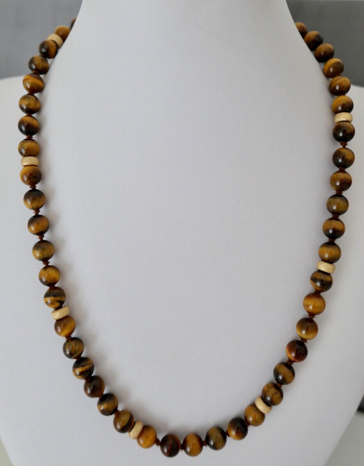 SET Kette Armreif Tiegerauge 51,5 cm Gold JKa 585 14K Perlen necklace Ø 8 mm - Antikhandel-Stuttgart