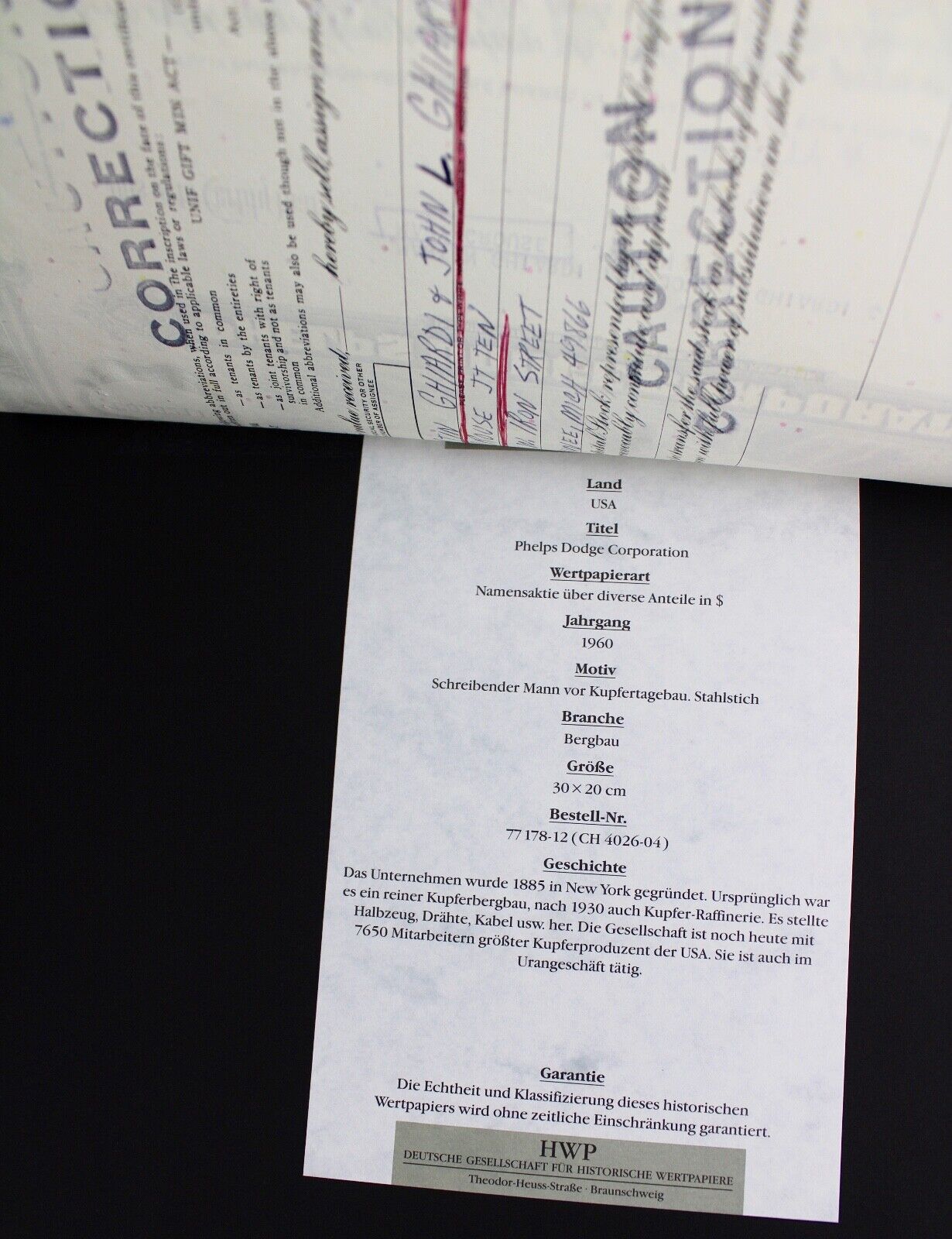 Phelps Dodge Corporation 1966 alte USA Aktie Stock Certificate 50 Shares - Antikhandel-Stuttgart