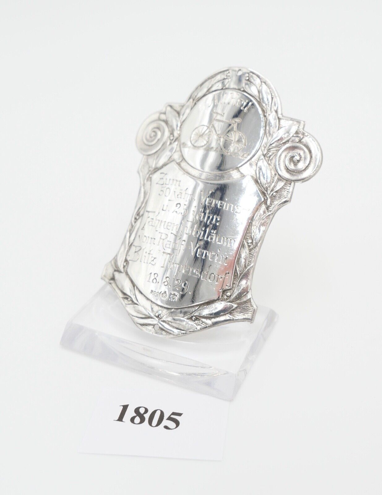 Fahrrad Plakette 1929 Silber 800 Jubiläum BLITZ Tirpersdorf Ralf.-Verein - Antikhandel-Stuttgart