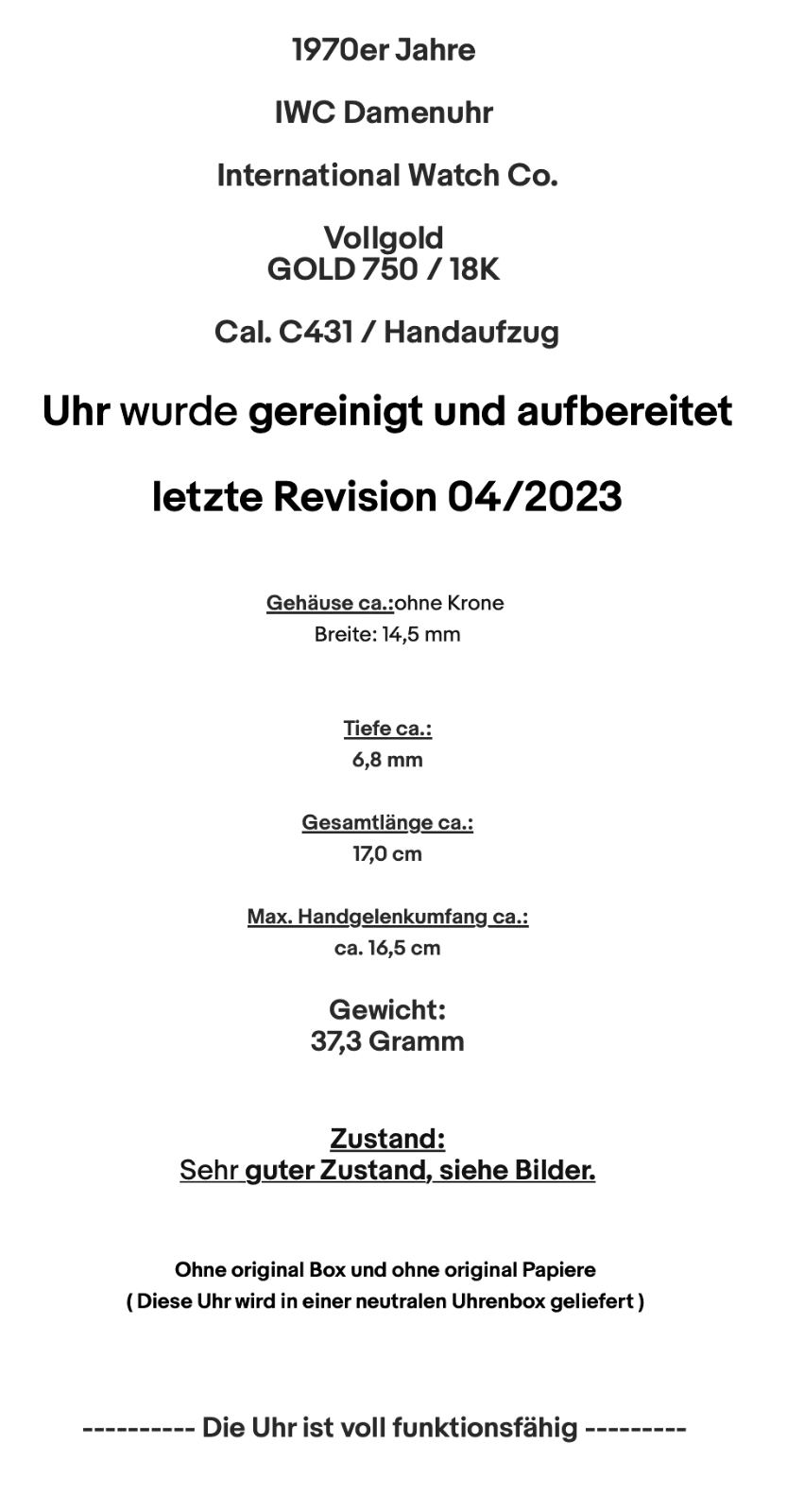 IWC Damenuhr Vollgold GOLD 750 / 18K Cal. C431 Handaufzug - Antikhandel-Stuttgart